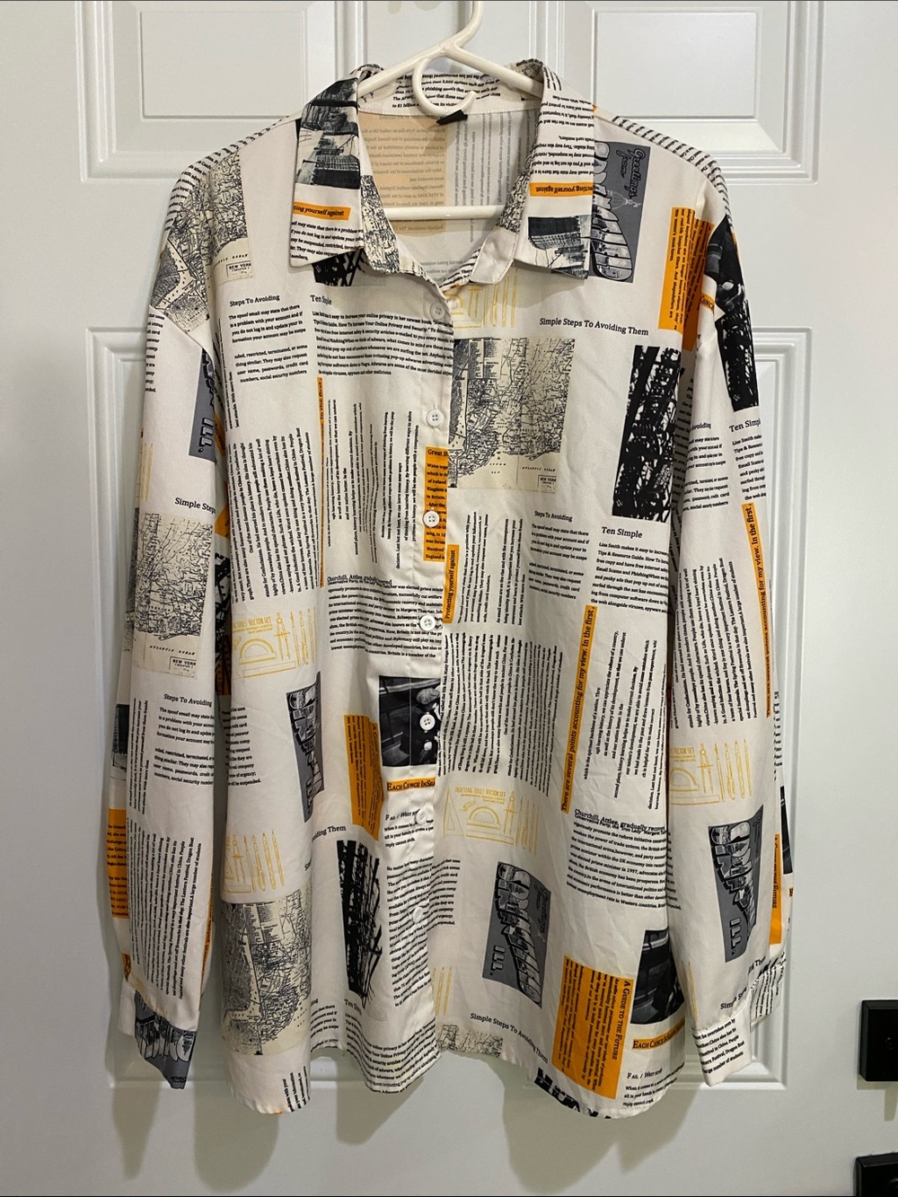 SHEIN Cream Newspaper-Print Button-Down Shirt with Black & Yellow Accents